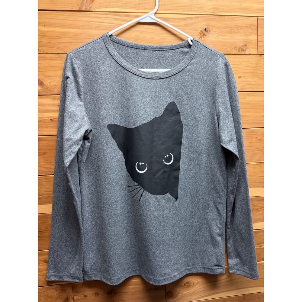 Womens Long Sleeve Cat‎ Graphic Tee Heather Gray Crewneck Top Small